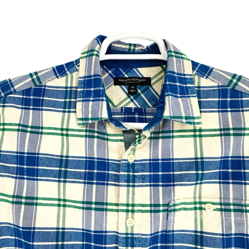 Banana Republic‎ Oxford Slim Fit Blue Green Plaid Corduroy Trim Mens Shirt M